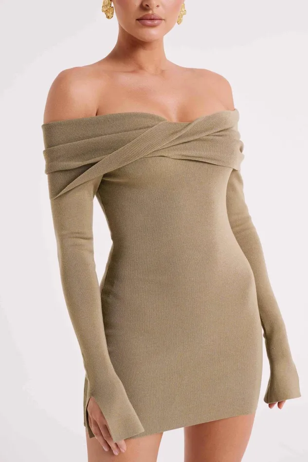 Meshki Mini Dresses Women Clover Off Shoulder Knit Mini Dress 8211 Olive Olive