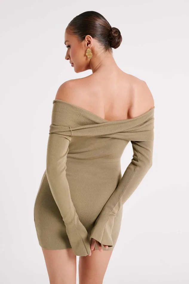 Meshki Mini Dresses Women Clover Off Shoulder Knit Mini Dress 8211 Olive Olive