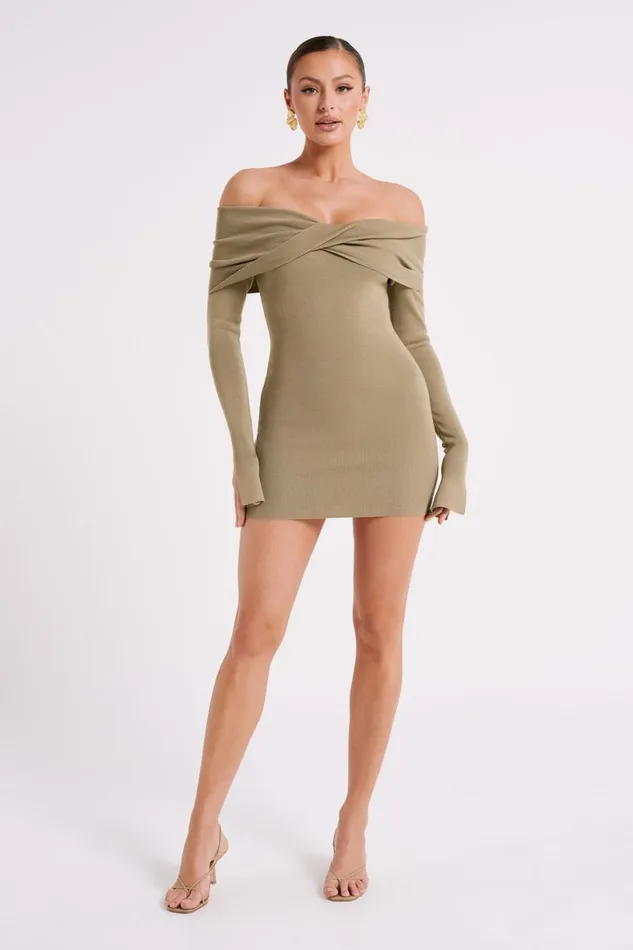 Meshki Mini Dresses Women Clover Off Shoulder Knit Mini Dress 8211 Olive Olive