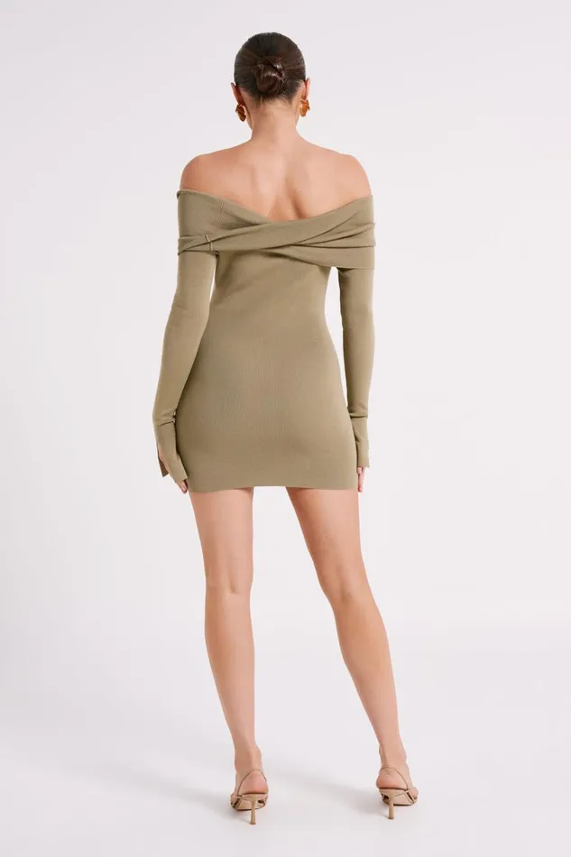 Meshki Mini Dresses Women Clover Off Shoulder Knit Mini Dress 8211 Olive Olive