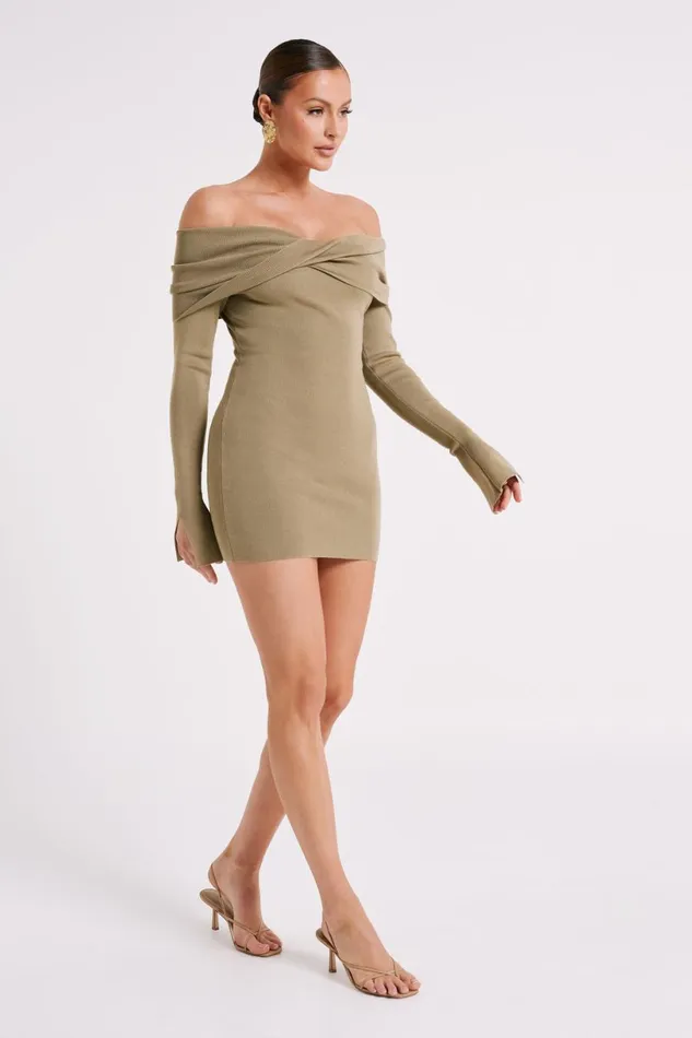 Meshki Mini Dresses Women Clover Off Shoulder Knit Mini Dress 8211 Olive Olive