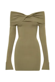 Meshki Mini Dresses Women Clover Off Shoulder Knit Mini Dress 8211 Olive Olive