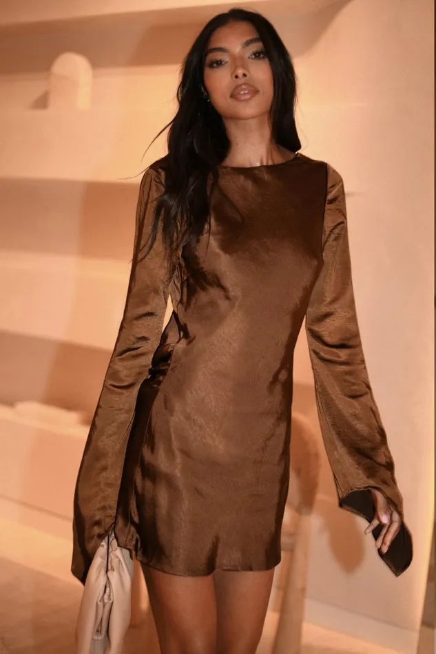 Meshki Mini Dresses Women Davina Satin Long Sleeve Mini Dress 8211 Dark Brown Darkbrown