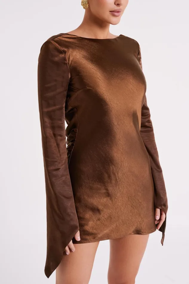 Meshki Mini Dresses Women Davina Satin Long Sleeve Mini Dress 8211 Dark Brown Darkbrown