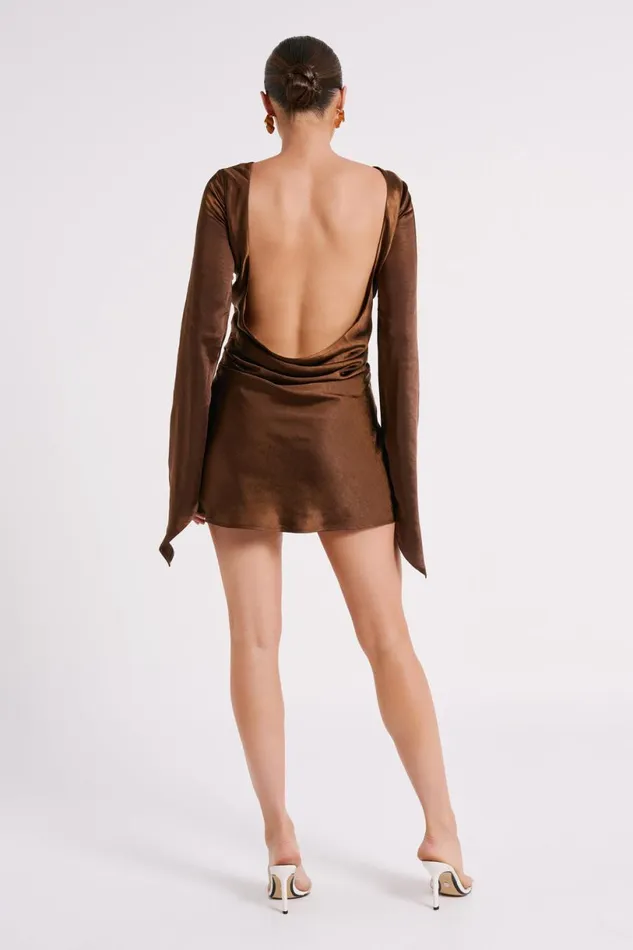 Meshki Mini Dresses Women Davina Satin Long Sleeve Mini Dress 8211 Dark Brown Darkbrown
