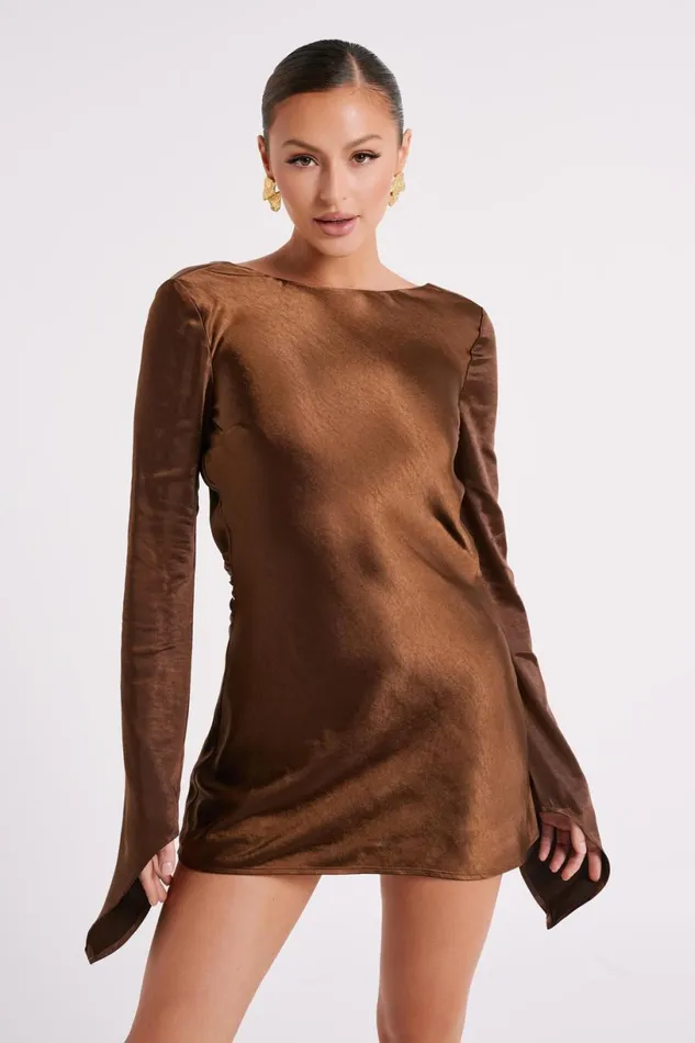 Meshki Mini Dresses Women Davina Satin Long Sleeve Mini Dress 8211 Dark Brown Darkbrown