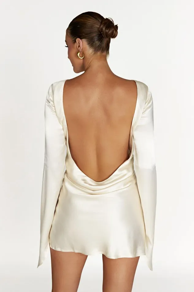 Meshki Mini Dresses Women Davina Satin Long Sleeve Mini Dress 8211 Ivory Ivory
