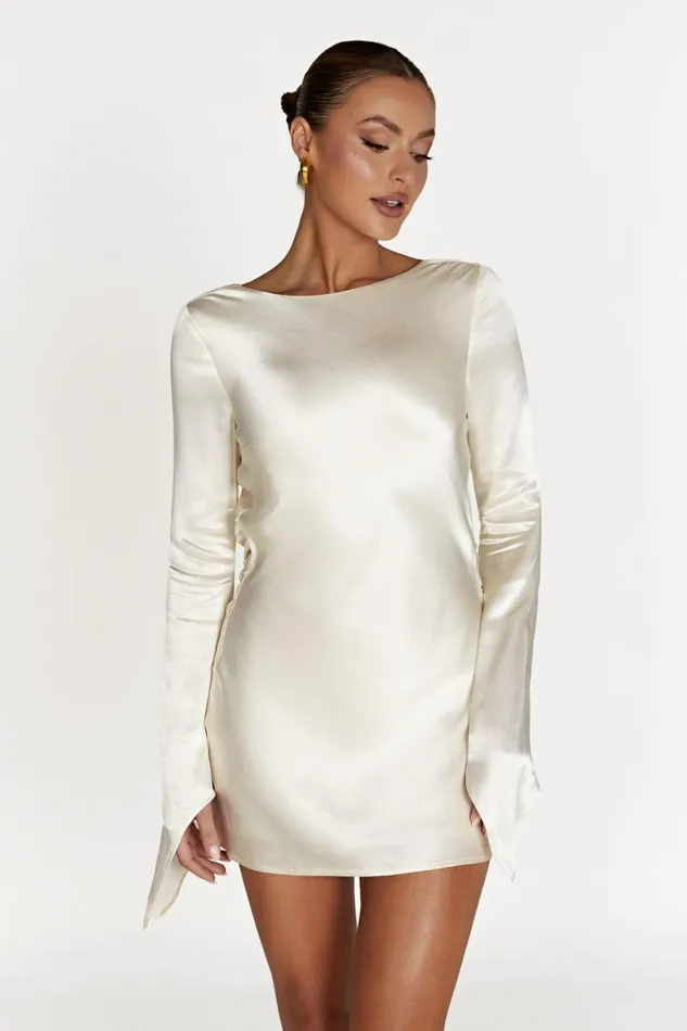 Meshki Mini Dresses Women Davina Satin Long Sleeve Mini Dress 8211 Ivory Ivory