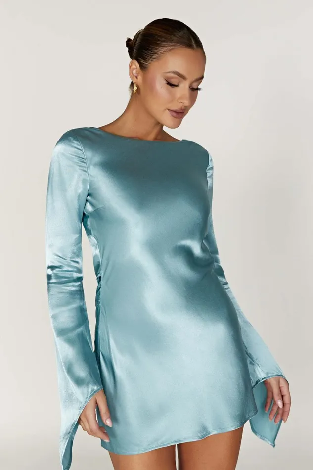 Meshki Mini Dresses Women Davina Satin Long Sleeve Mini Dress 8211 Powder Blue Powderblue