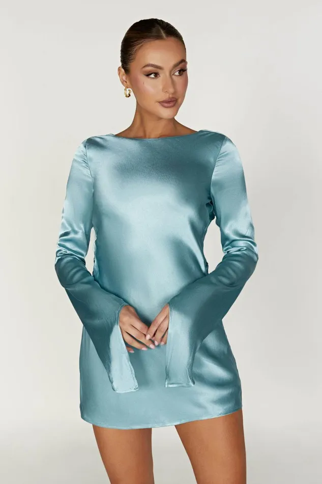Meshki Mini Dresses Women Davina Satin Long Sleeve Mini Dress 8211 Powder Blue Powderblue