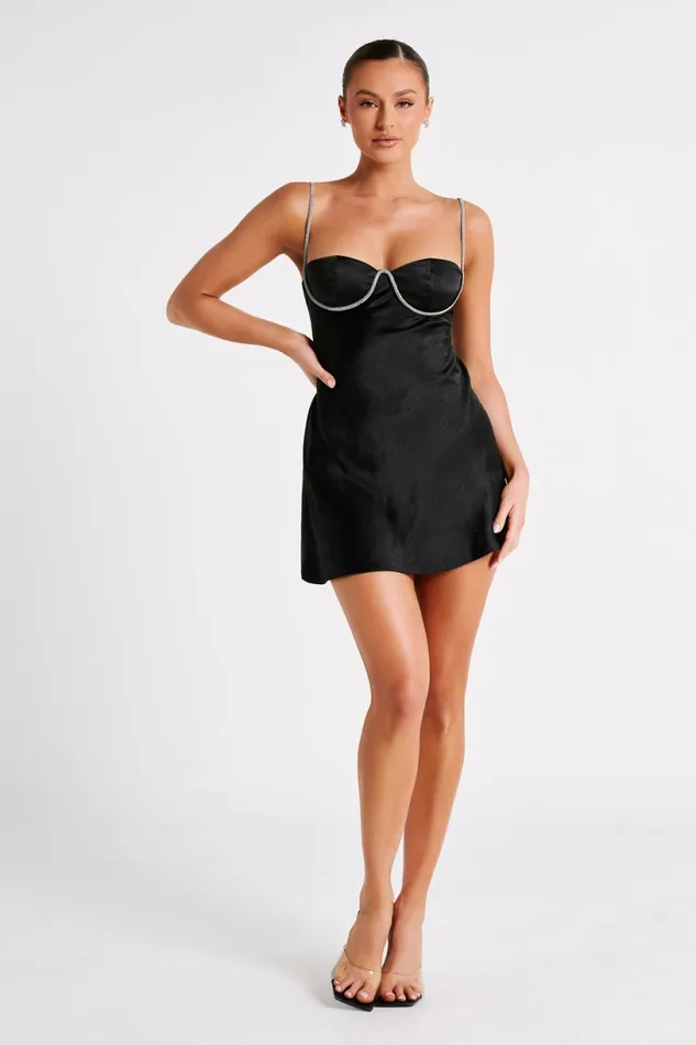 Meshki Mini Dresses Women Elora Satin Cupped Mini Dress With Diamante Rope 8211 Black Black