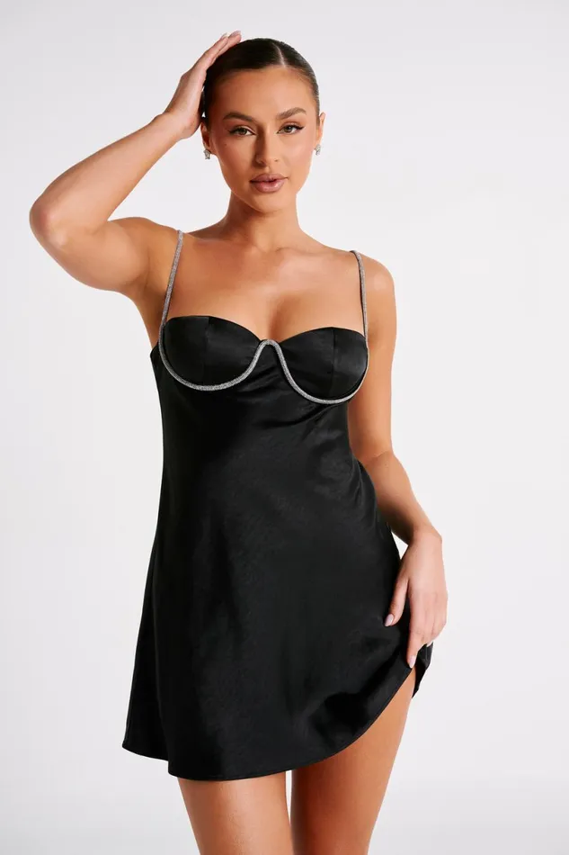 Meshki Mini Dresses Women Elora Satin Cupped Mini Dress With Diamante Rope 8211 Black Black