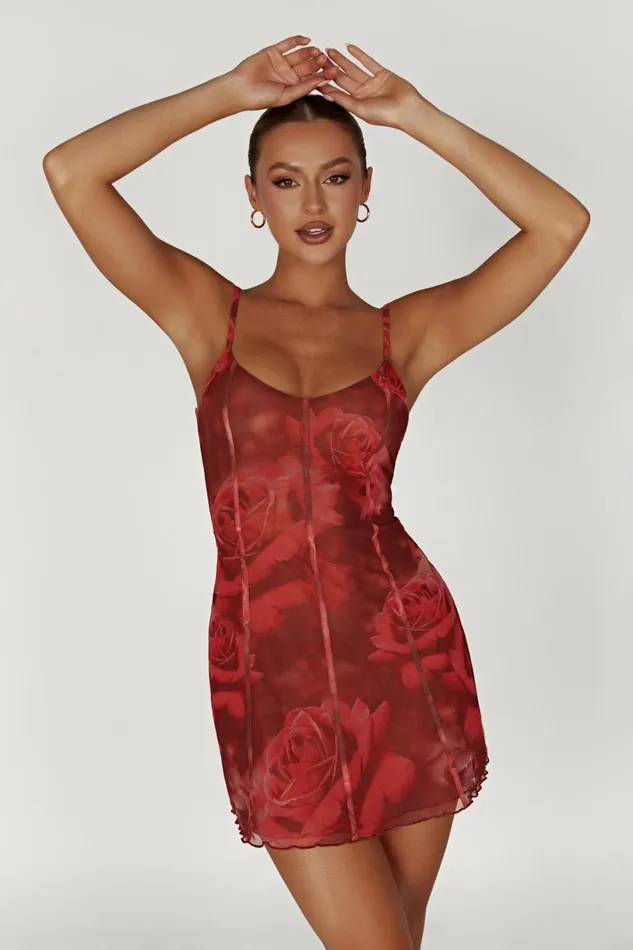 Meshki Mini Dresses Women Esther Mesh Panelled Mini Dress 8211 Oversized Rose Print Oversized Rose Print