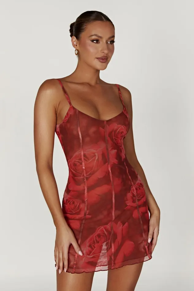 Meshki Mini Dresses Women Esther Mesh Panelled Mini Dress 8211 Oversized Rose Print Oversized Rose Print