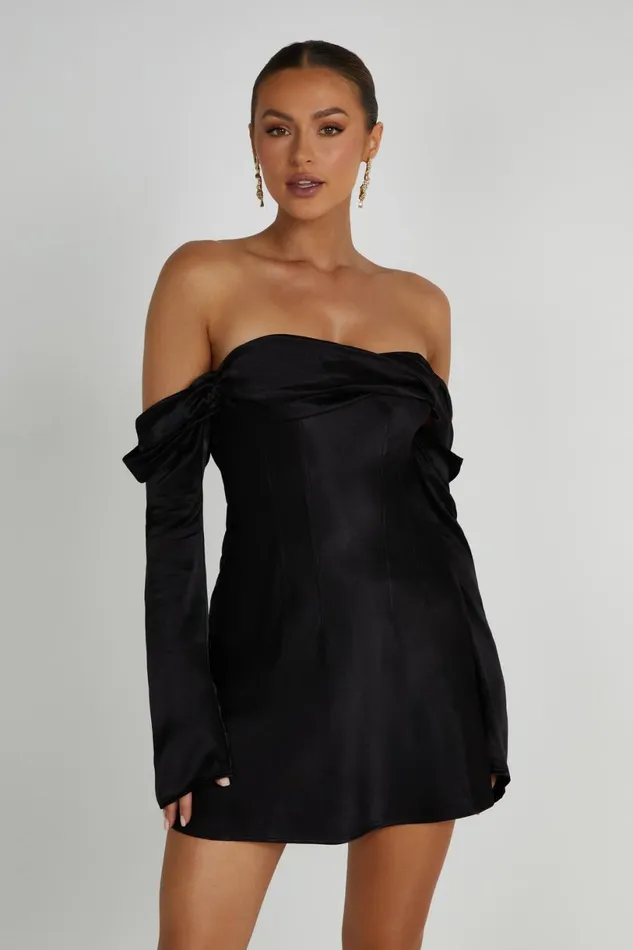 Meshki Mini Dresses Women Giselle Off Shoulder Satin Mini Dress 8211 Black Black Meshki Mini Dresses Women Giselle Off Shoulder Satin Mini Dress 8211 Black Black