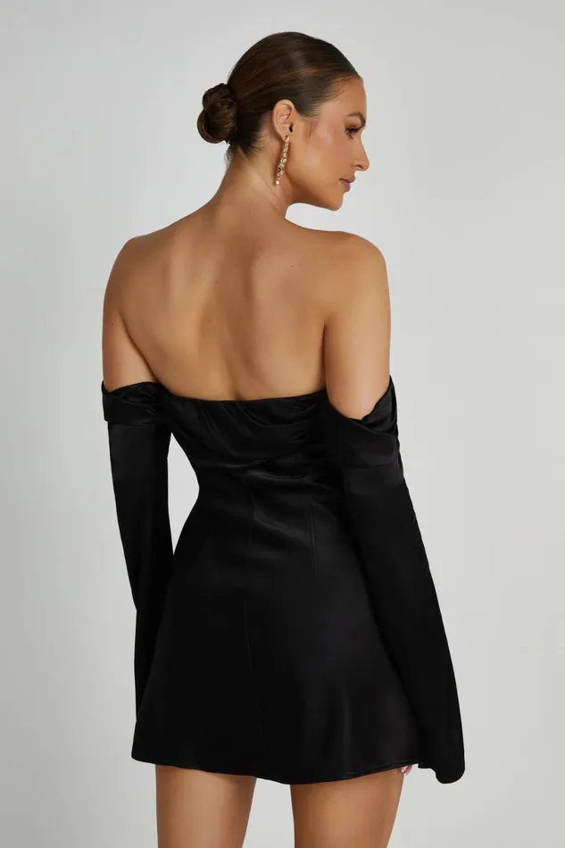 Meshki Mini Dresses Women Giselle Off Shoulder Satin Mini Dress 8211 Black Black
