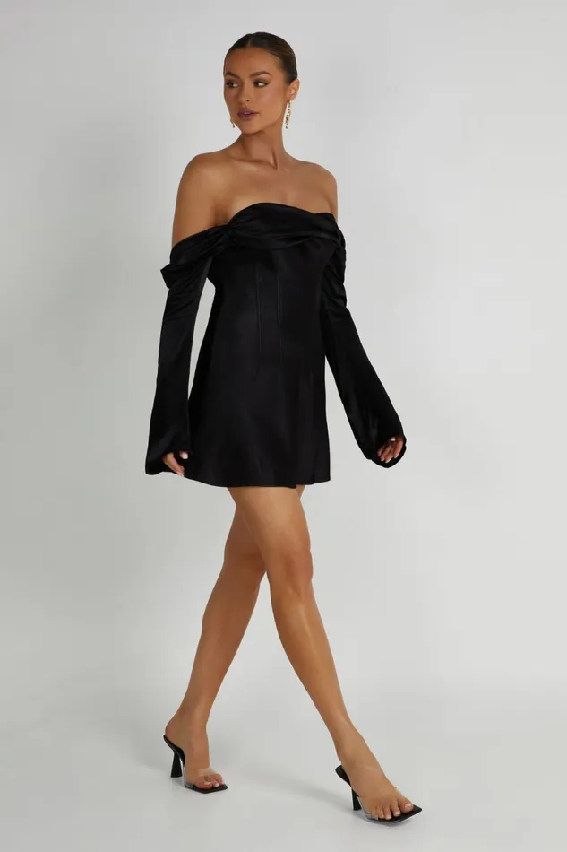 Meshki Mini Dresses Women Giselle Off Shoulder Satin Mini Dress 8211 Black Black