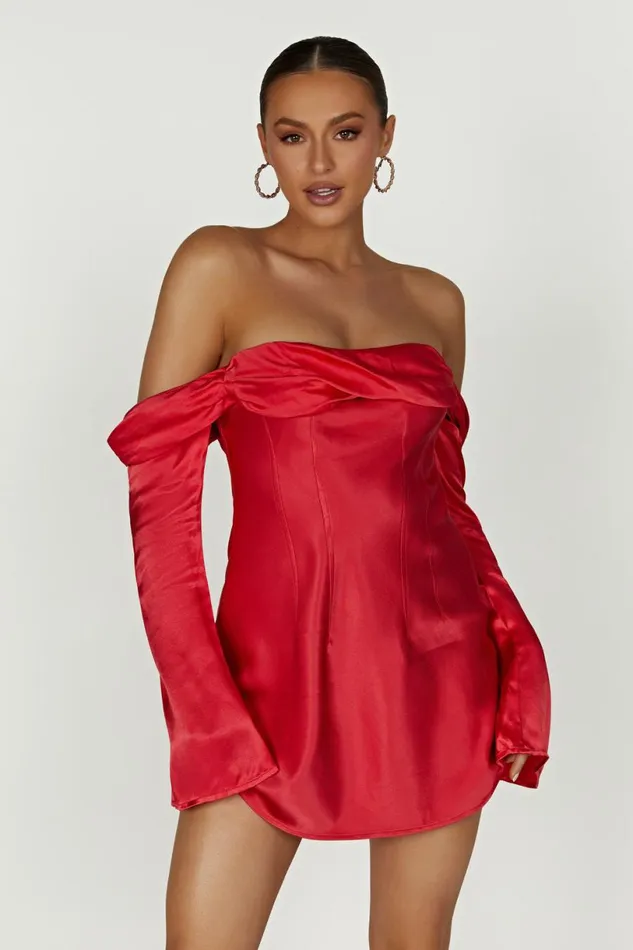 Meshki Mini Dresses Women Giselle Off Shoulder Satin Mini Dress 8211 Red Red Meshki Mini Dresses Women Giselle Off Shoulder Satin Mini Dress 8211 Red Red