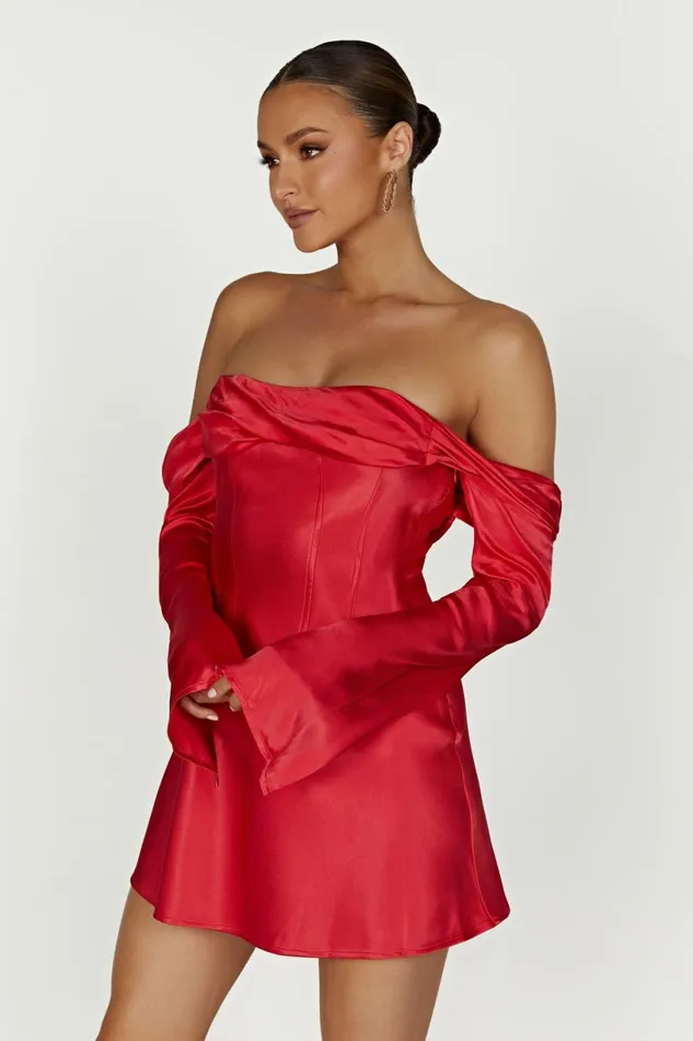 Meshki Mini Dresses Women Giselle Off Shoulder Satin Mini Dress 8211 Red Red