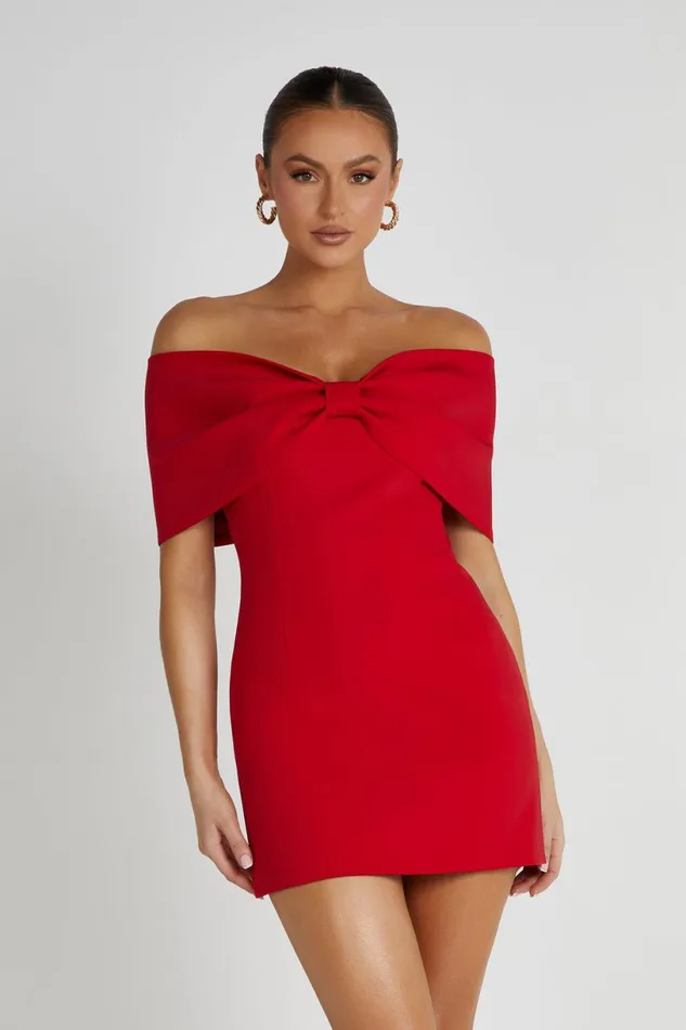 Meshki Mini Dresses Women Gwyneth Off Shoulder Bow Mini Dress 8211 Red Red Meshki Mini Dresses Women Gwyneth Off Shoulder Bow Mini Dress 8211 Red Red
