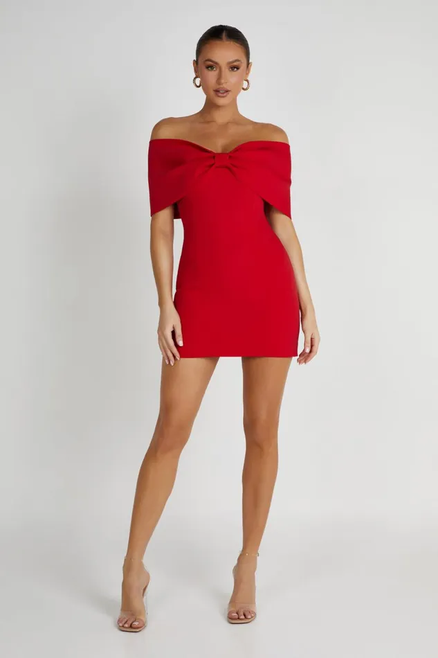 Meshki Mini Dresses Women Gwyneth Off Shoulder Bow Mini Dress 8211 Red Red