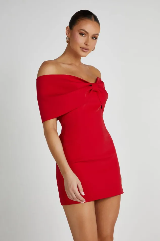 Meshki Mini Dresses Women Gwyneth Off Shoulder Bow Mini Dress 8211 Red Red