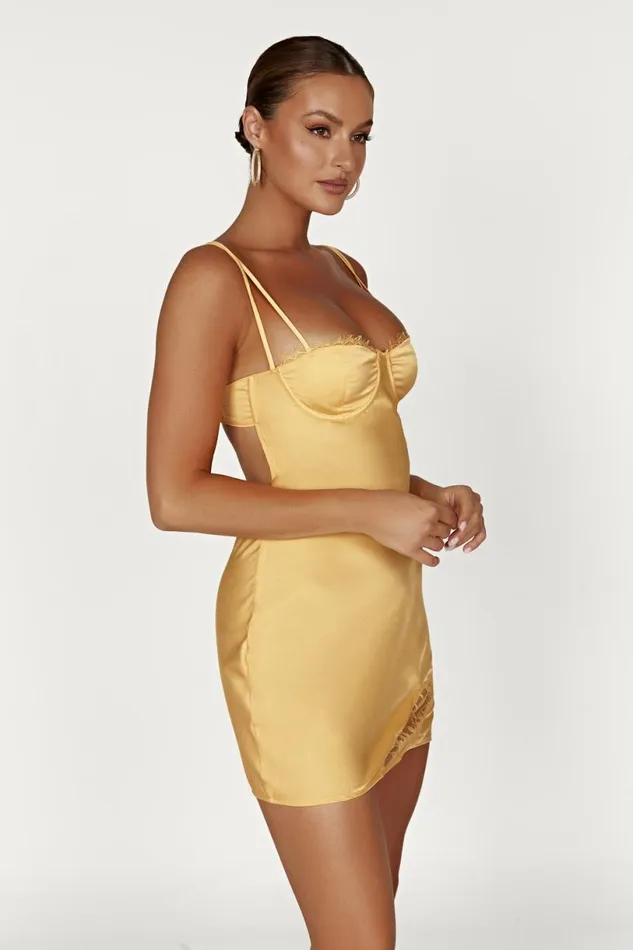 Meshki Mini Dresses Women Joslyn Satin Lace Slip Mini Dress 8211 Lemon Lemon