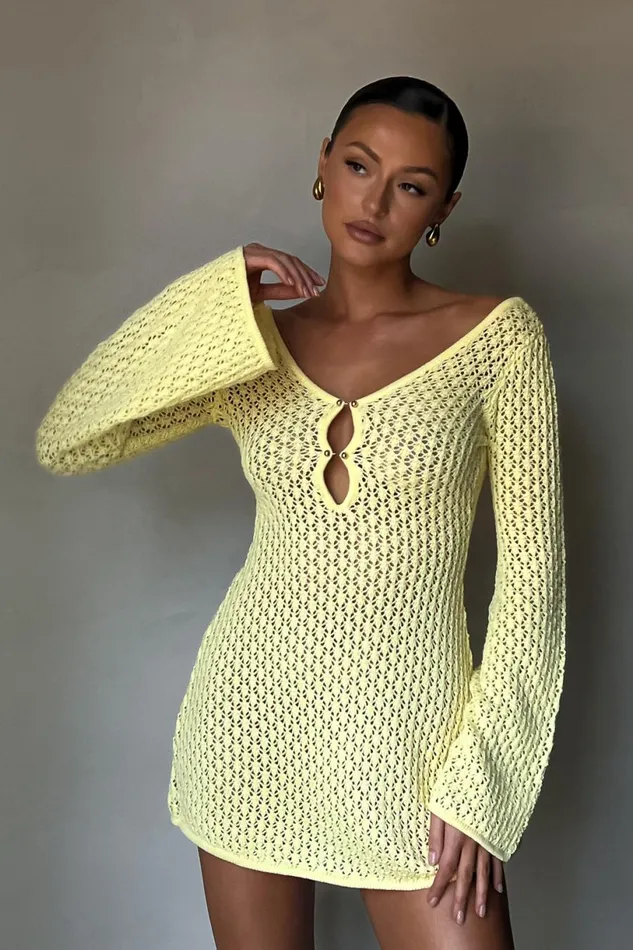 Meshki Mini Dresses Women Kayleigh Crochet Knit Mini Dress 8211 Lemon Lemon Meshki Mini Dresses Women Kayleigh Crochet Knit Mini Dress 8211 Lemon Lemon