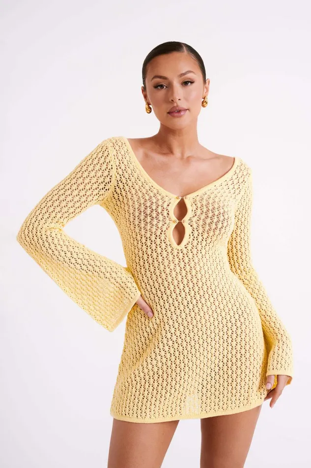 Meshki Mini Dresses Women Kayleigh Crochet Knit Mini Dress 8211 Lemon Lemon