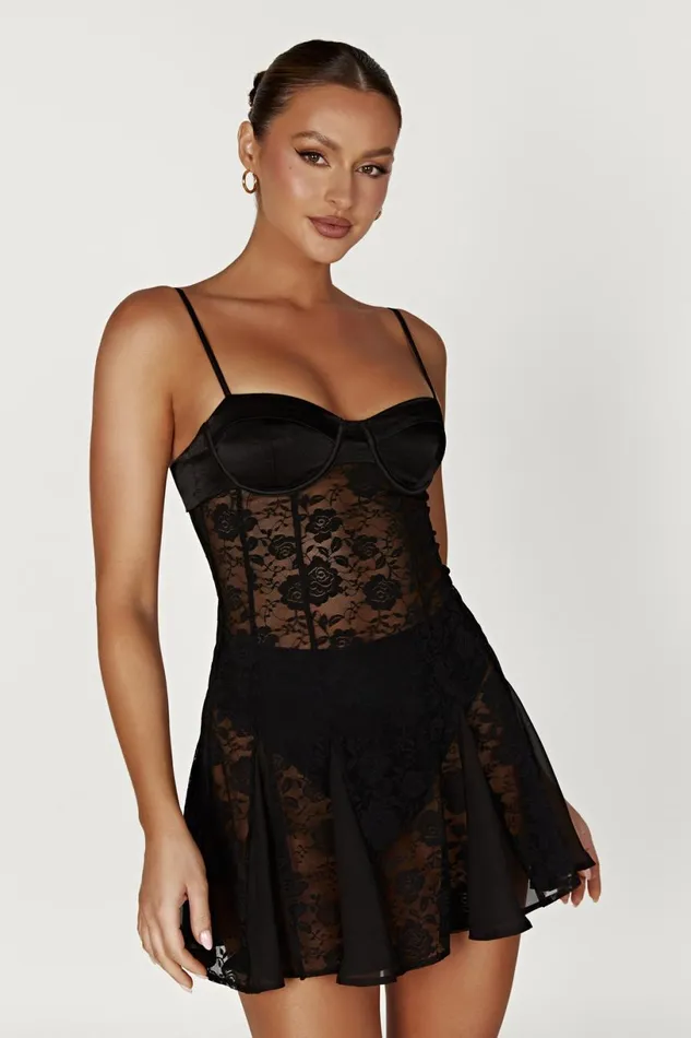 Meshki Mini Dresses Women Lolita Lace Mini Dress 8211 Black Black
