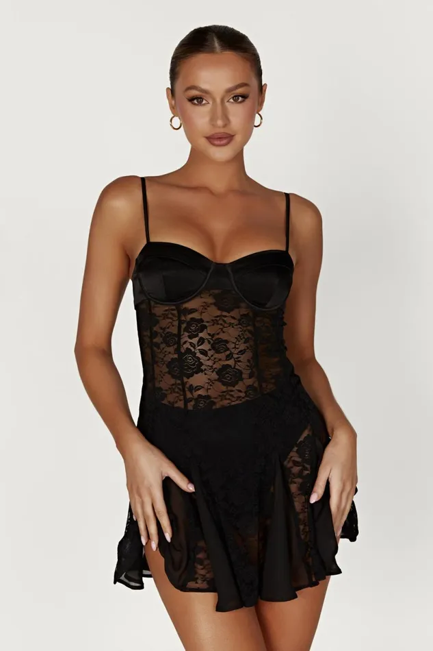 Meshki Mini Dresses Women Lolita Lace Mini Dress 8211 Black Black