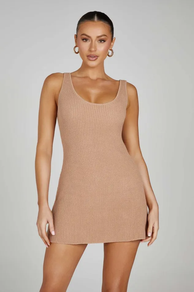 Meshki Mini Dresses Women Pauline Open Back Knit Mini Dress 8211 Taupe Taupe