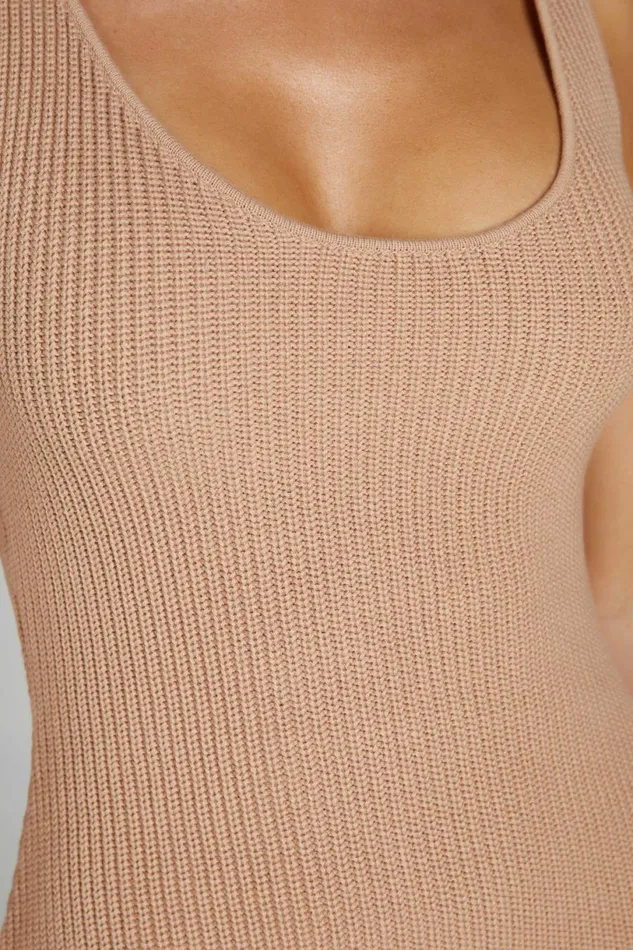 Meshki Mini Dresses Women Pauline Open Back Knit Mini Dress 8211 Taupe Taupe