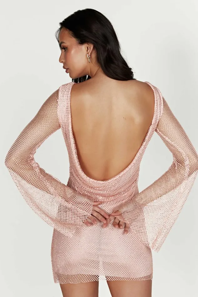 Meshki Mini Dresses Women Samira Flare Sleeve Diamante Mesh Mini Dress 8211 Baby Pink Babypink