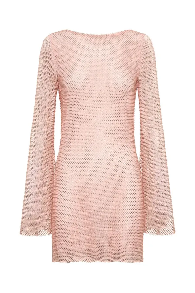 Meshki Mini Dresses Women Samira Flare Sleeve Diamante Mesh Mini Dress 8211 Baby Pink Babypink