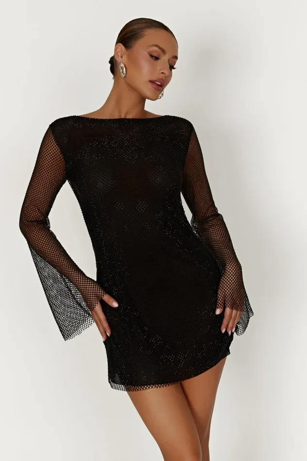Meshki Mini Dresses Women Samira Flare Sleeve Diamante Mesh Mini Dress 8211 Black Black