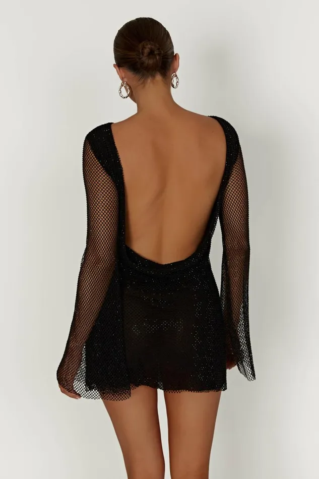 Meshki Mini Dresses Women Samira Flare Sleeve Diamante Mesh Mini Dress 8211 Black Black