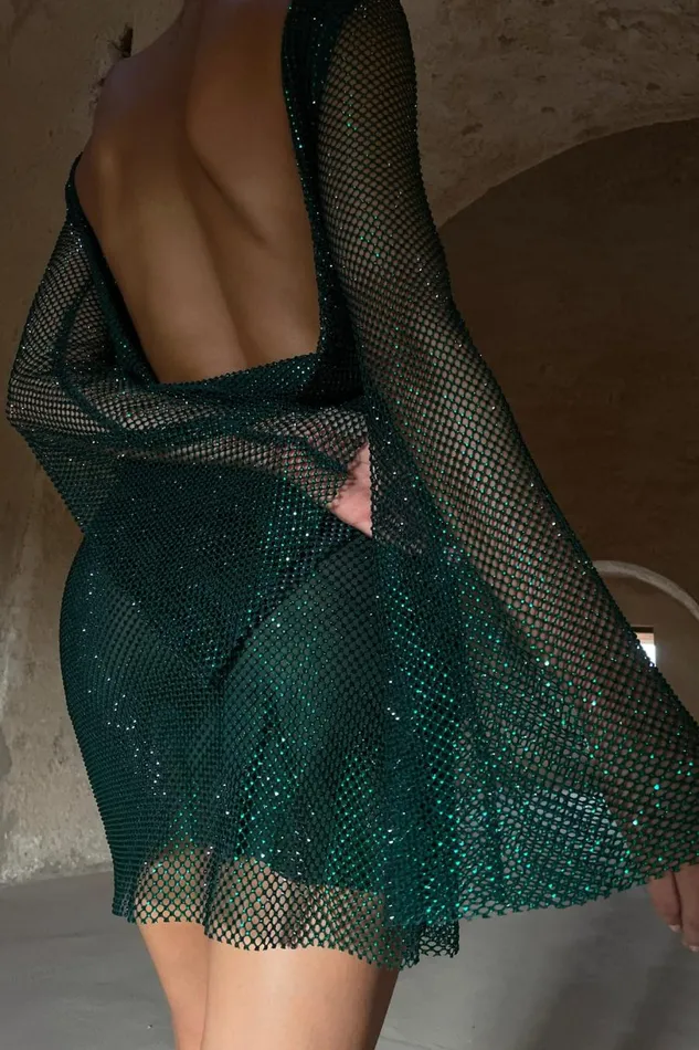 Meshki Mini Dresses Women Samira Flare Sleeve Diamante Mesh Mini Dress 8211 Emerald Emerald Meshki Mini Dresses Women Samira Flare Sleeve Diamante Mesh Mini Dress 8211 Emerald Emerald