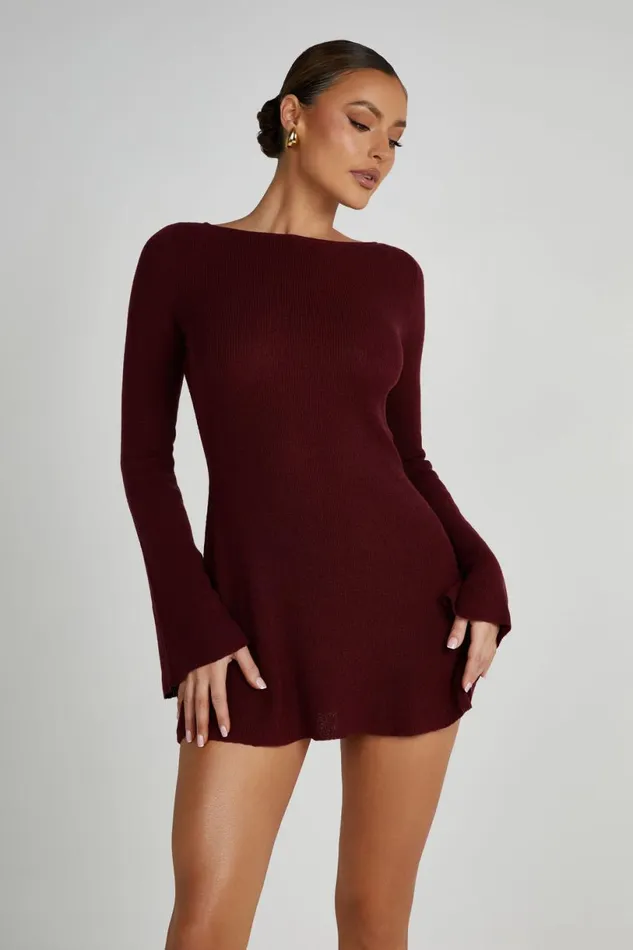 Meshki Mini Dresses Women Zahra Long Sleeve Open Back Mini Knit Dress 8211 Berry Berry