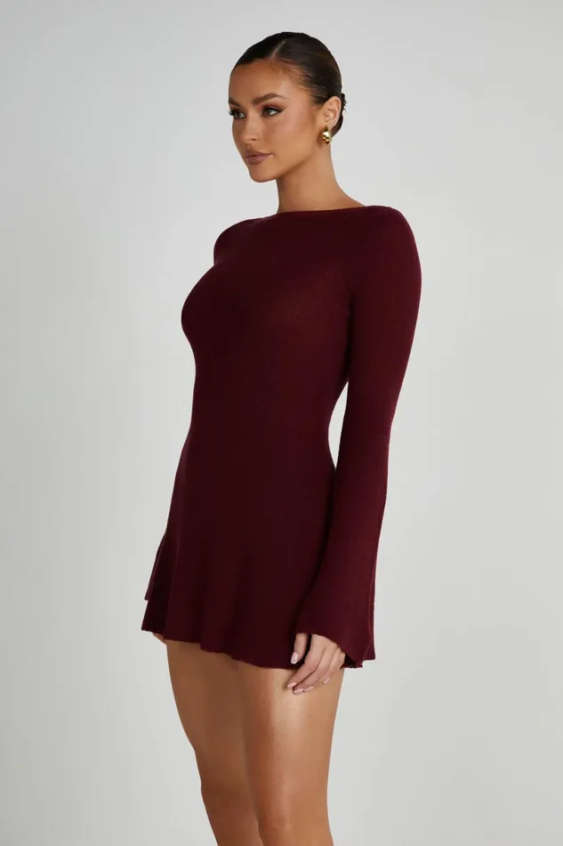 Meshki Mini Dresses Women Zahra Long Sleeve Open Back Mini Knit Dress 8211 Berry Berry