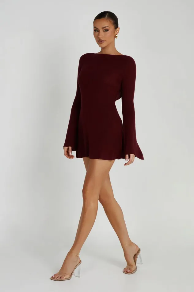 Meshki Mini Dresses Women Zahra Long Sleeve Open Back Mini Knit Dress 8211 Berry Berry