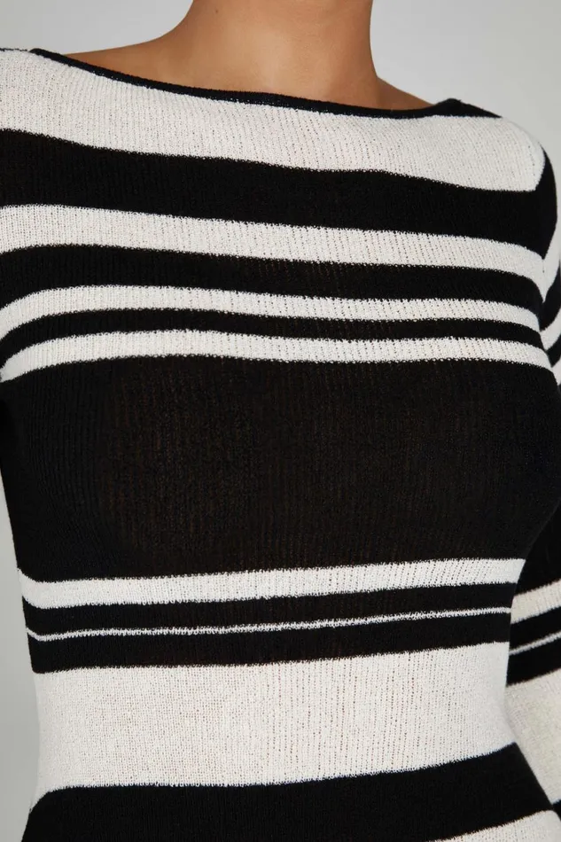 Meshki Mini Dresses Women Zahra Long Sleeve Open Back Mini Knit Dress 8211 BlackWhite Blackwhite