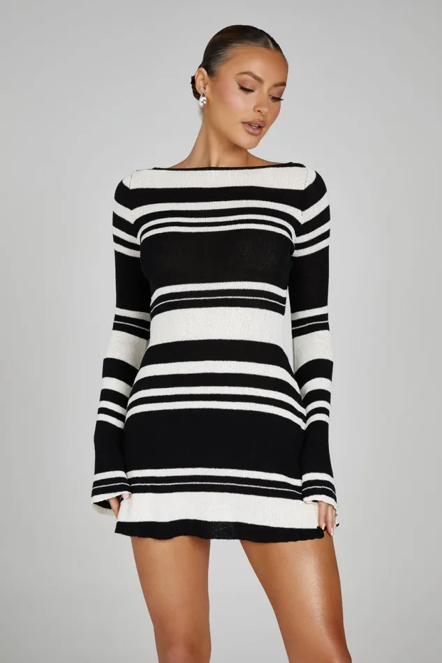 Meshki Mini Dresses Women Zahra Long Sleeve Open Back Mini Knit Dress 8211 BlackWhite Blackwhite