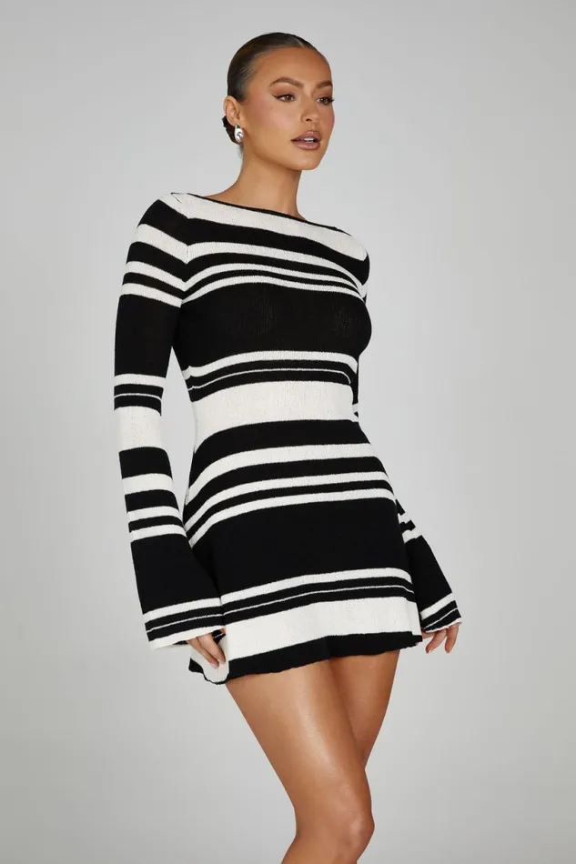 Meshki Mini Dresses Women Zahra Long Sleeve Open Back Mini Knit Dress 8211 BlackWhite Blackwhite