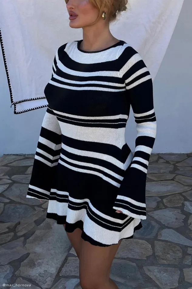 Meshki Mini Dresses Women Zahra Long Sleeve Open Back Mini Knit Dress 8211 BlackWhite Blackwhite