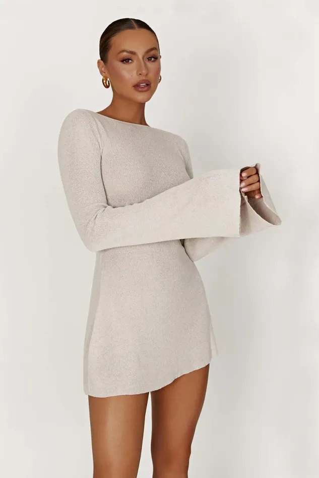 Meshki Mini Dresses Women Zahra Long Sleeve Open Back Mini Knit Dress 8211 Grey Grey