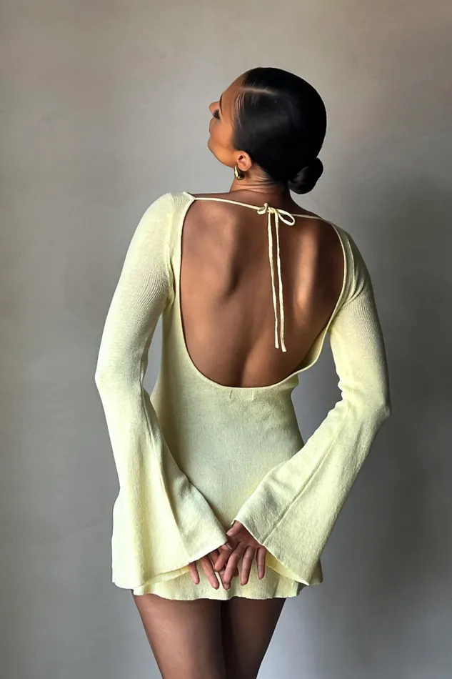 Meshki Mini Dresses Women Zahra Long Sleeve Open Back Mini Knit Dress 8211 Lemon Lemon Meshki Mini Dresses Women Zahra Long Sleeve Open Back Mini Knit Dress 8211 Lemon Lemon