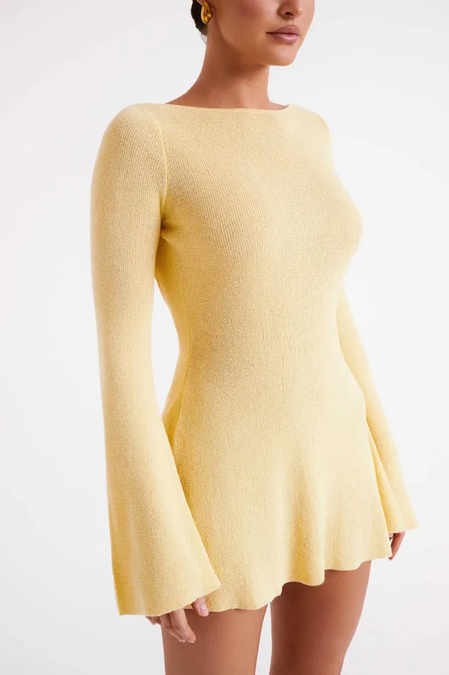 Meshki Mini Dresses Women Zahra Long Sleeve Open Back Mini Knit Dress 8211 Lemon Lemon