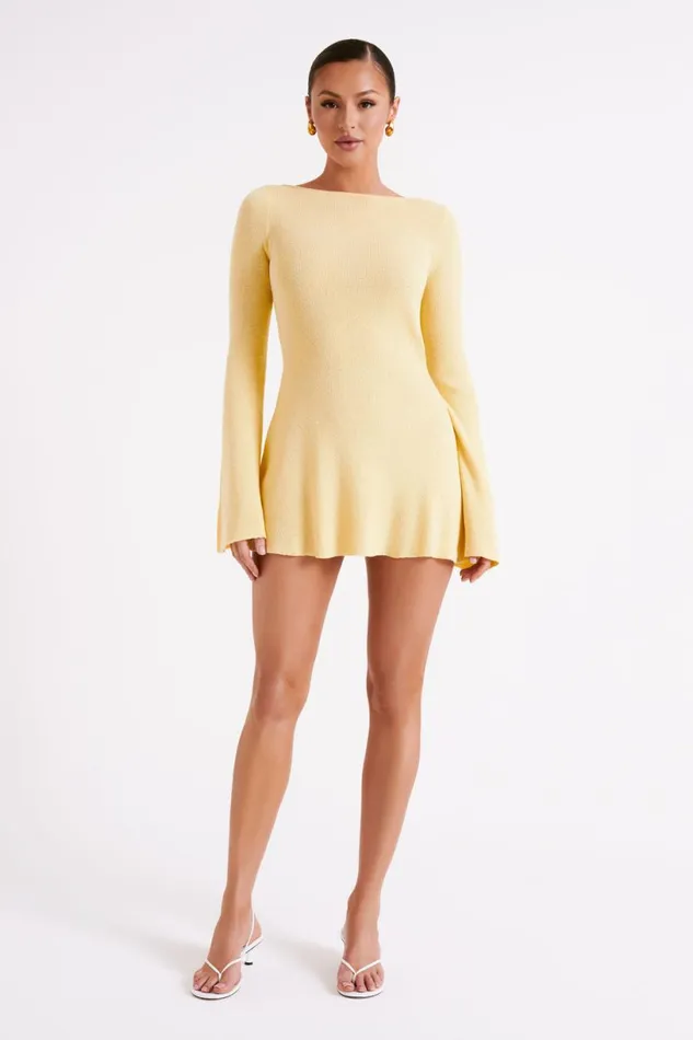 Meshki Mini Dresses Women Zahra Long Sleeve Open Back Mini Knit Dress 8211 Lemon Lemon