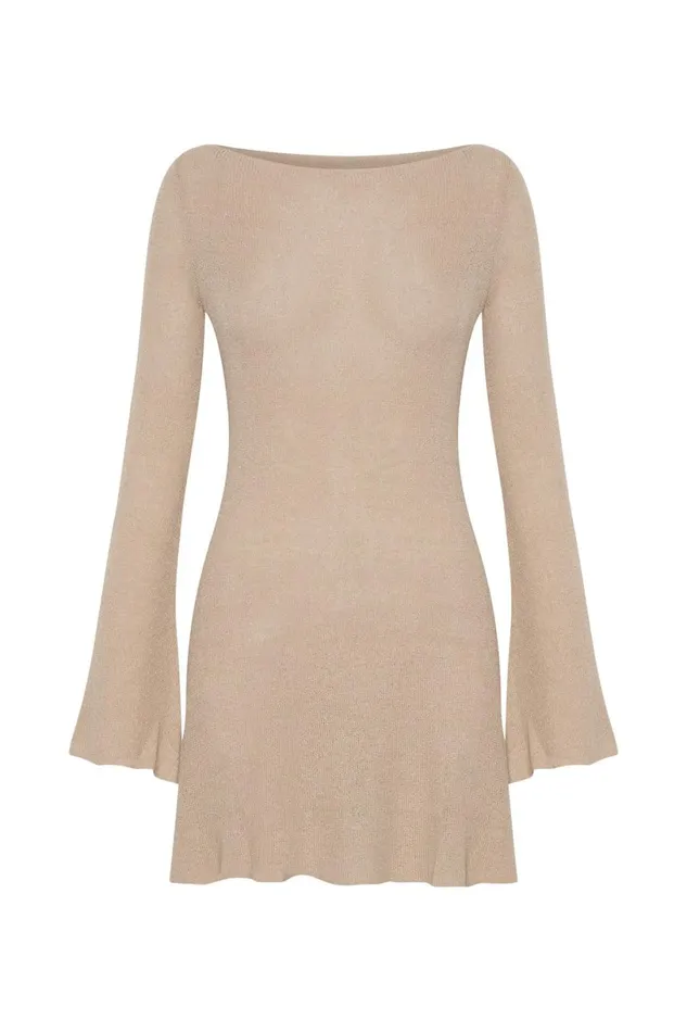 Meshki Mini Dresses Women Zahra Long Sleeve Open Back Mini Knit Dress 8211 Wheat Wheat